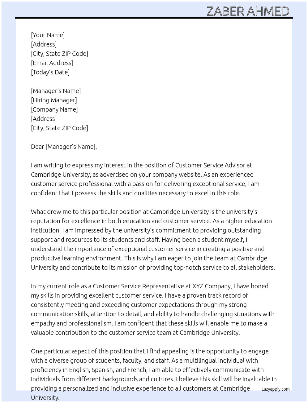 Customer service advisor  At Cambridge University  Cover Letter