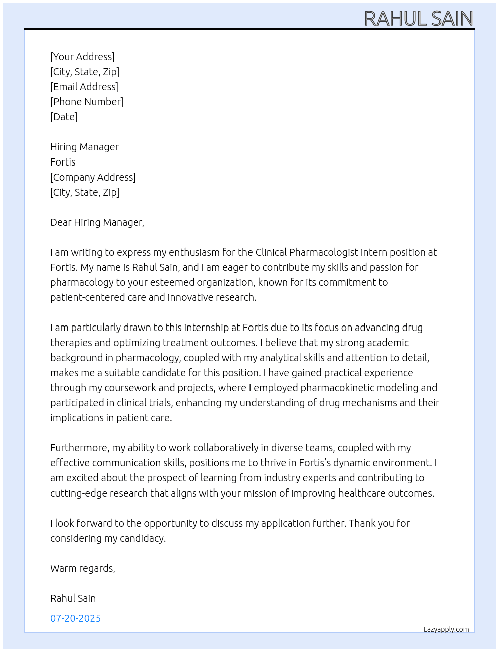 Clinical pharmacologlist At Fortis  Cover Letter