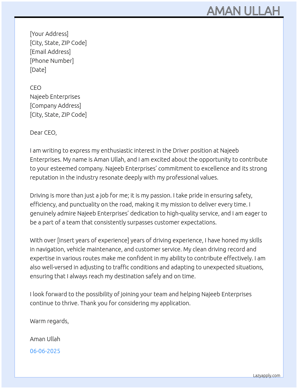 Driver  At Najeeb enterprises  Cover Letter