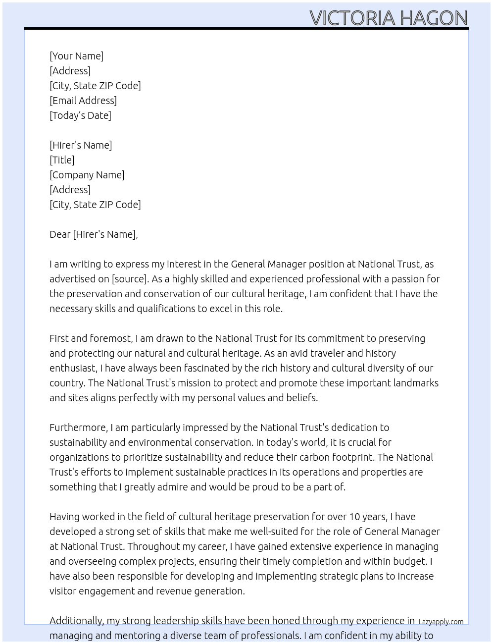 General Manager At National Trust Cover Letter