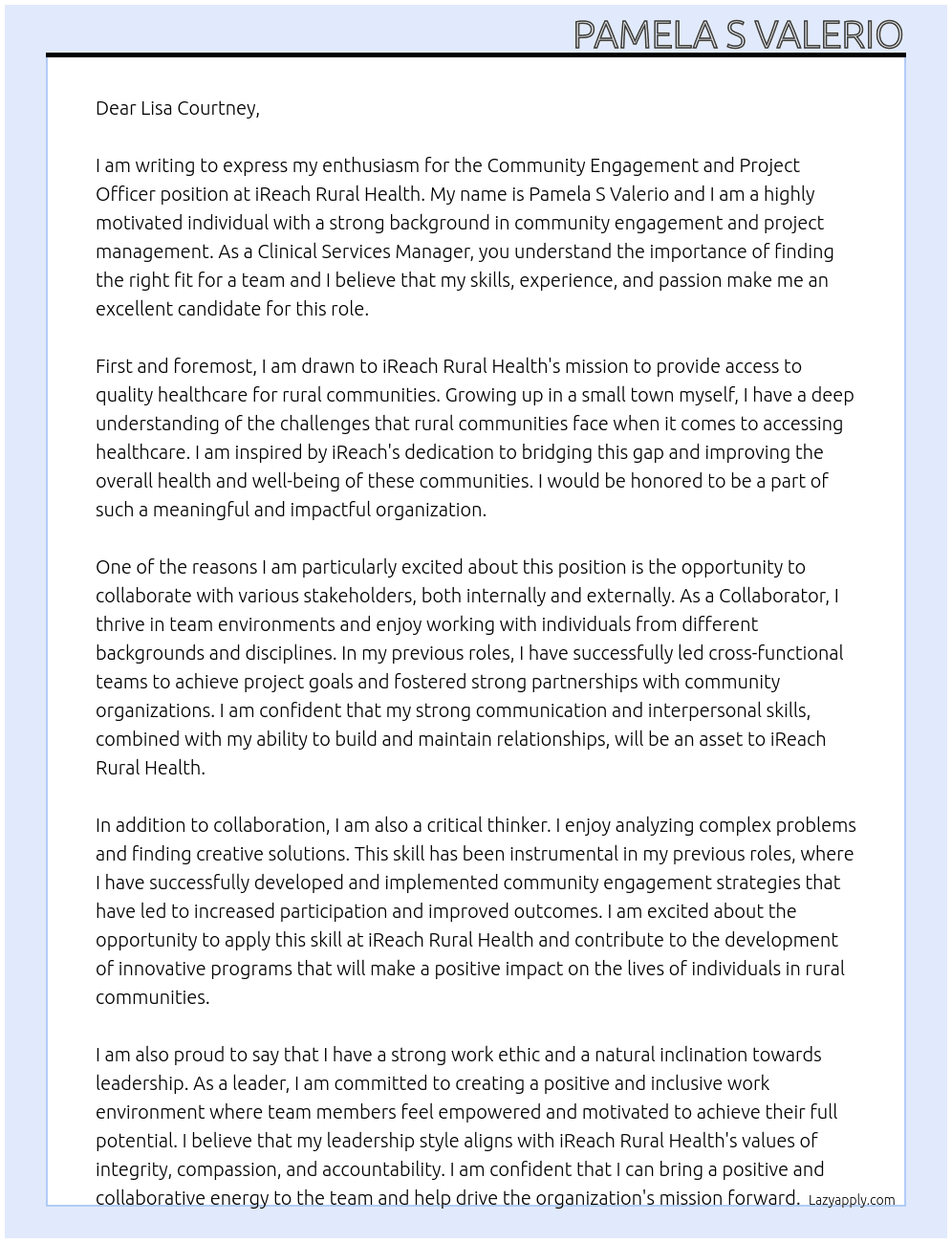 Community engagement and project officer  At iReach Rural Health Cover Letter