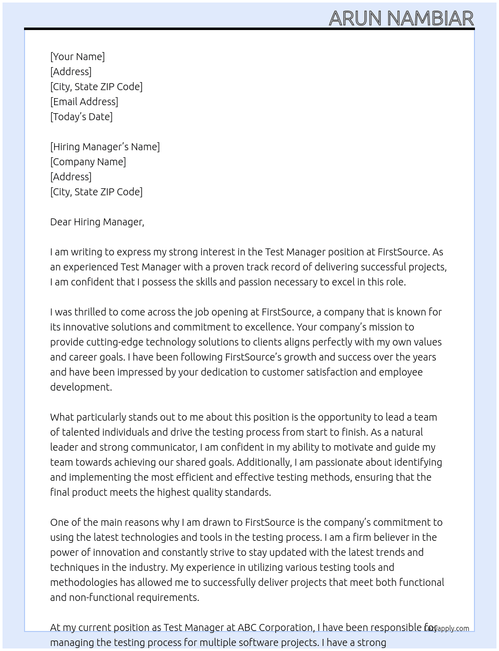 Test Manager At FirstSource Cover Letter