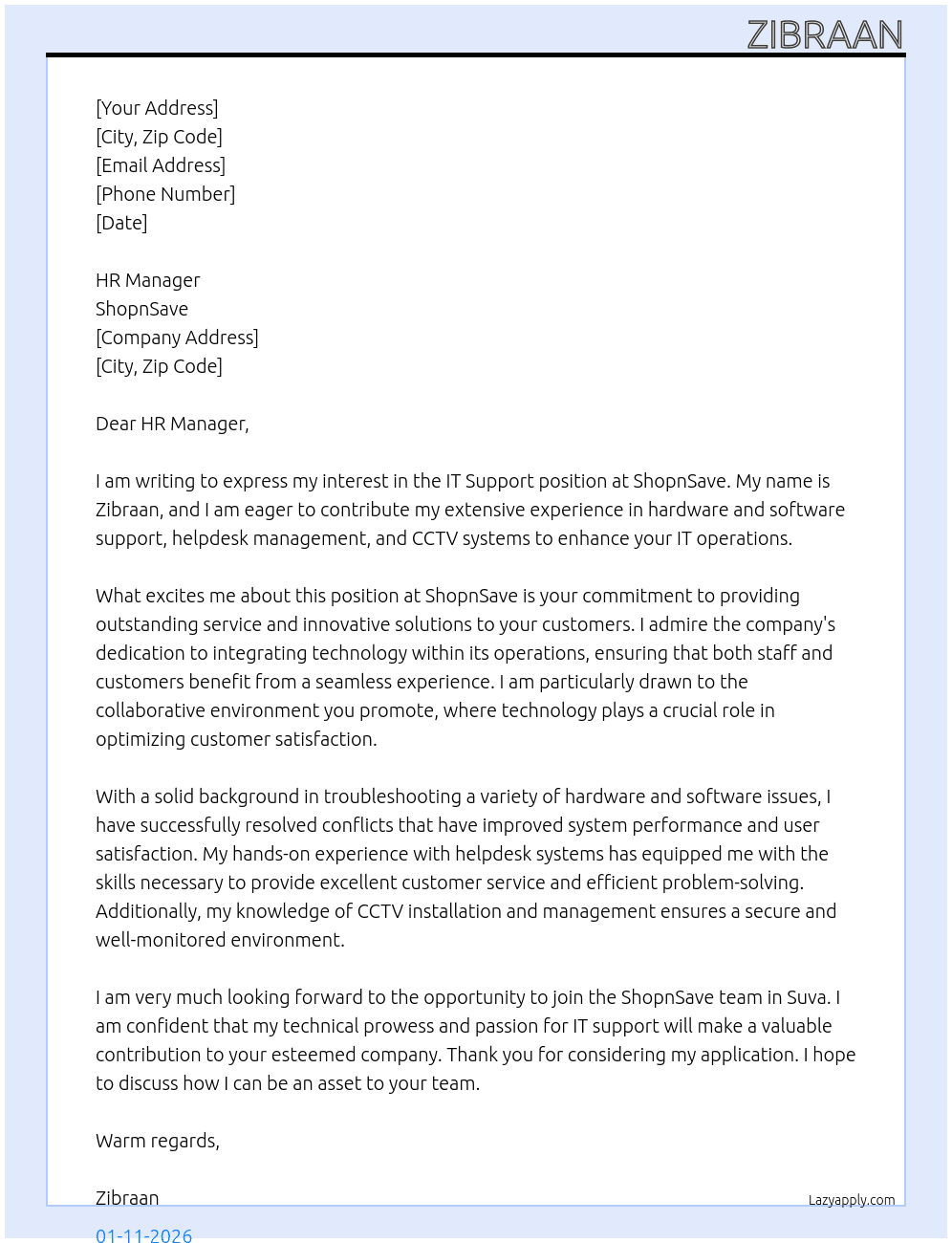 IT Support At ShopnSave Cover Letter