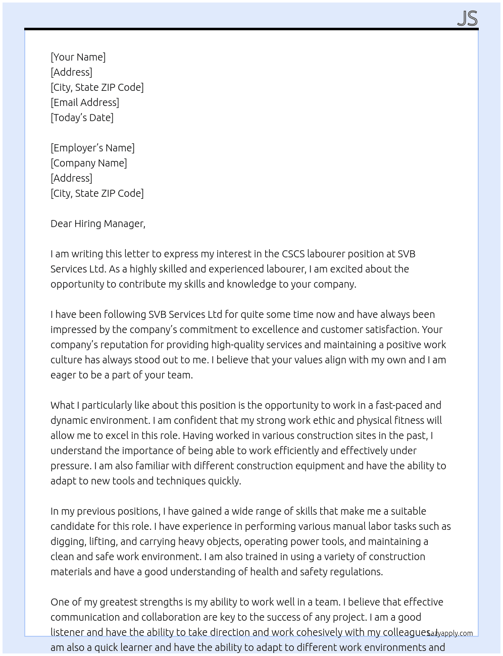 CSCS labourer At SVB Services Ltd Cover Letter