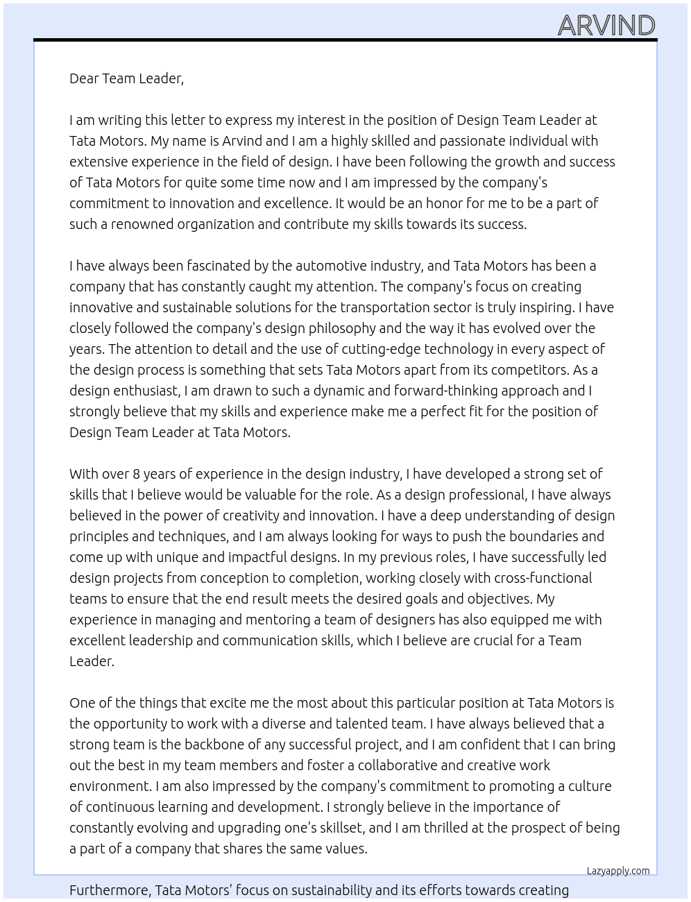 design At tata motors Cover Letter