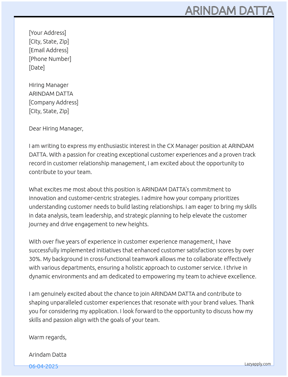 CX Manager At ARINDAM DATTA Cover Letter
