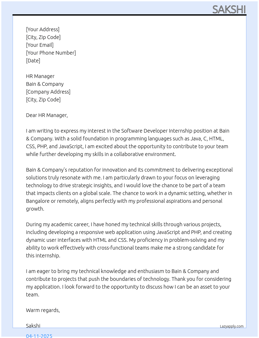 Software developer  At Bain & Company Cover Letter