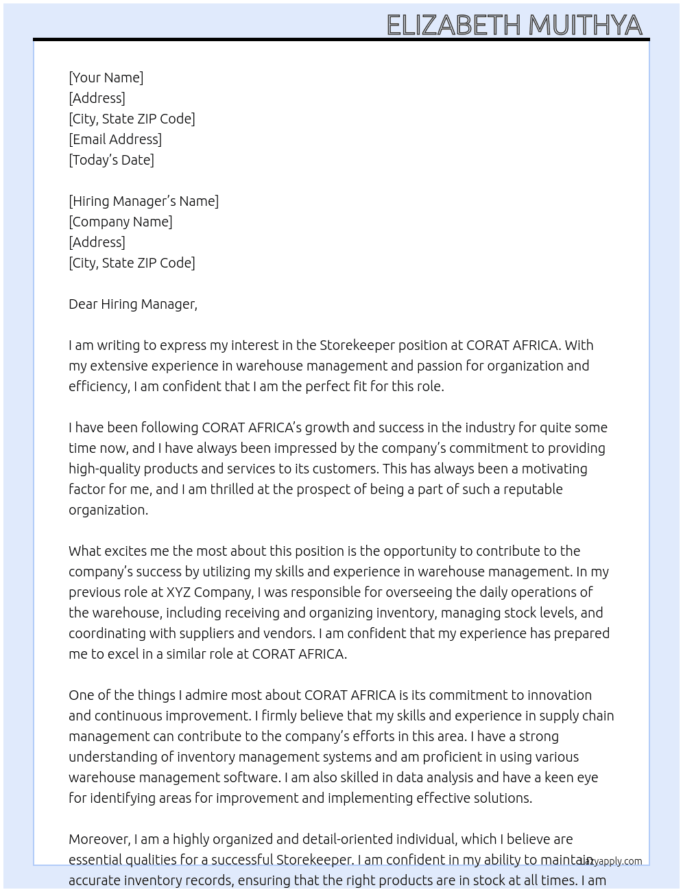 Storekeeper  At CORAT AFRICA Cover Letter