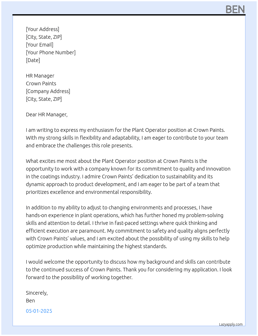plant operator At Crown paints Cover Letter