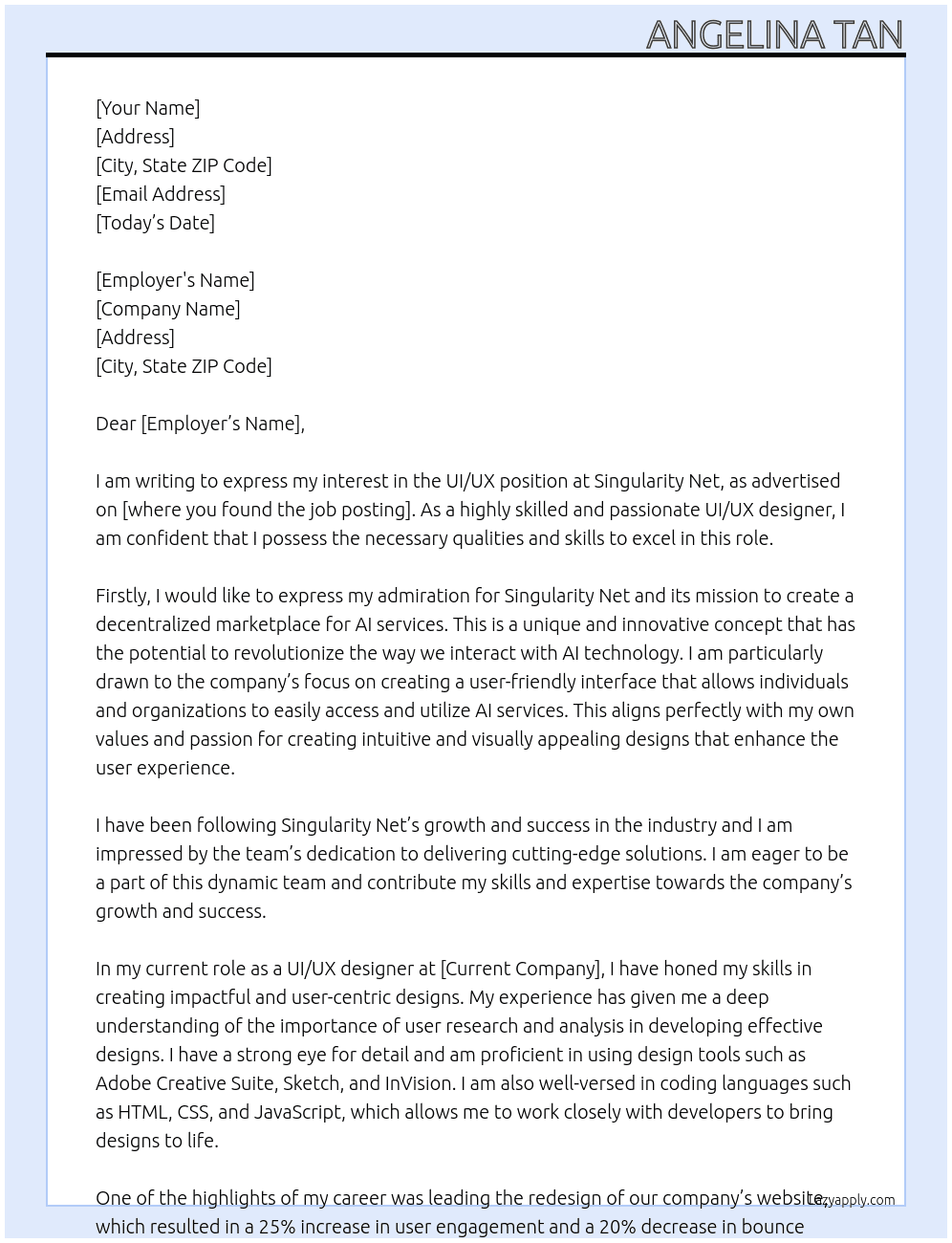 UI/UX At singularity net  Cover Letter