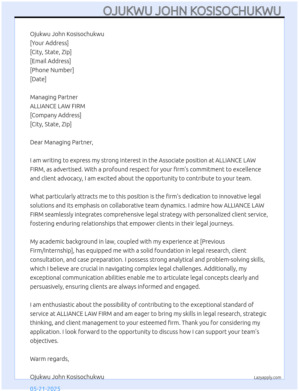 Associate  At ALLIANCE LAW FIRM Cover Letter