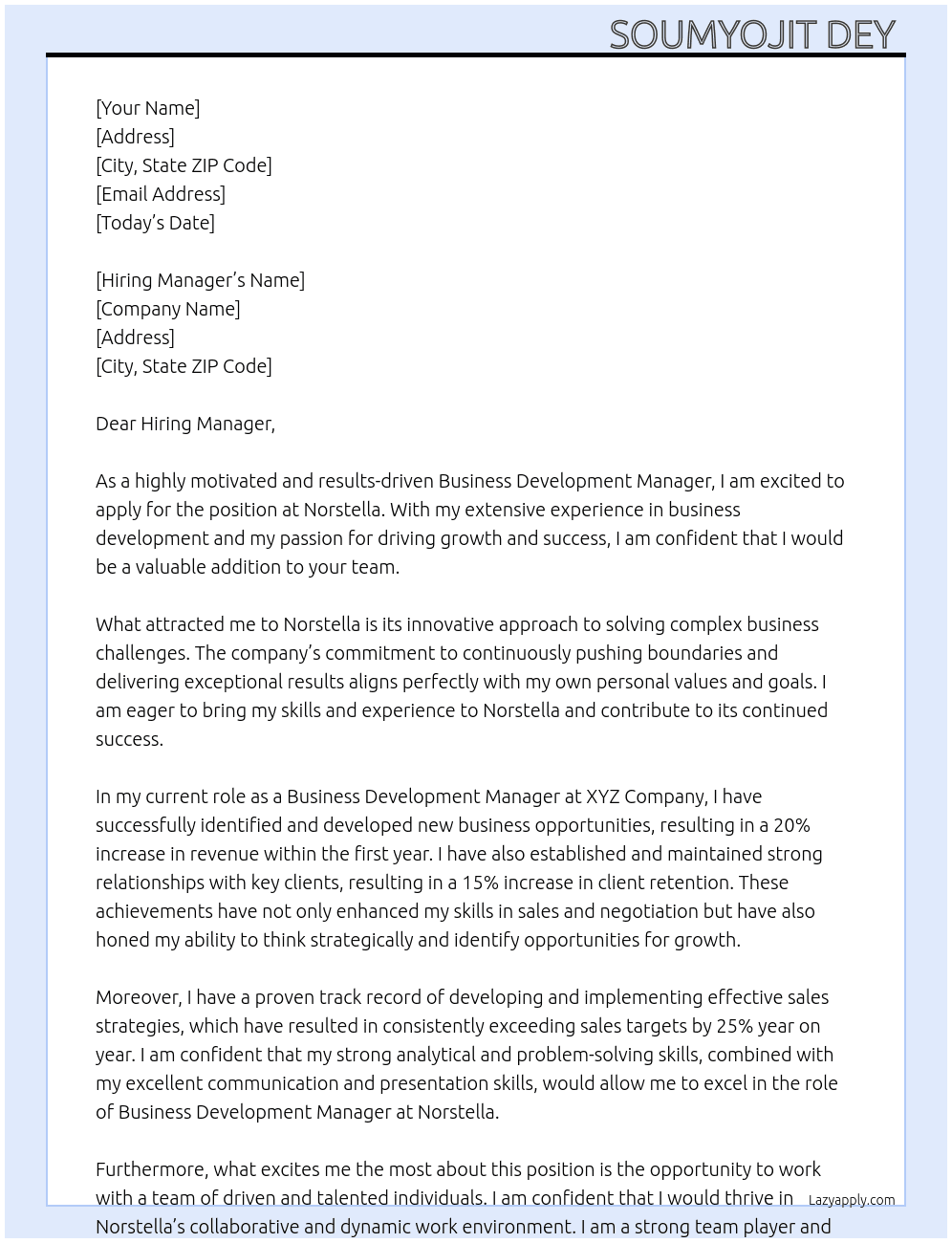 Business Development manager At Norstella Cover Letter