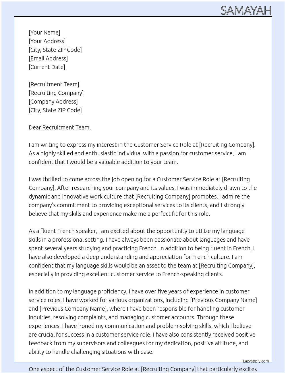 Customer Service Role At Recruiting  Cover Letter