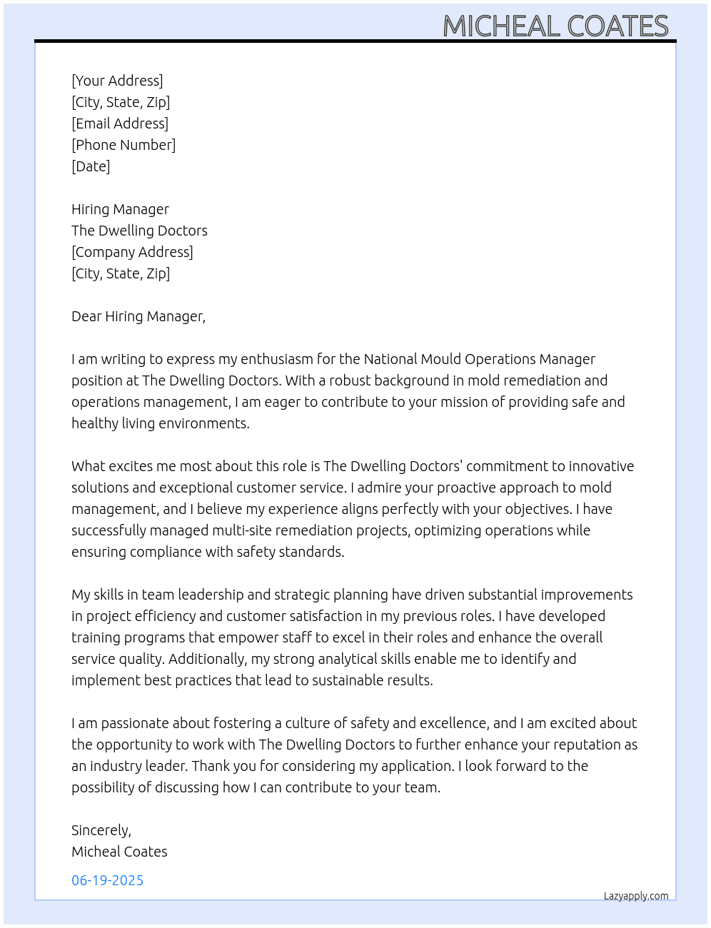 National Mould Operations Manager At The Dwelling Doctors Cover Letter