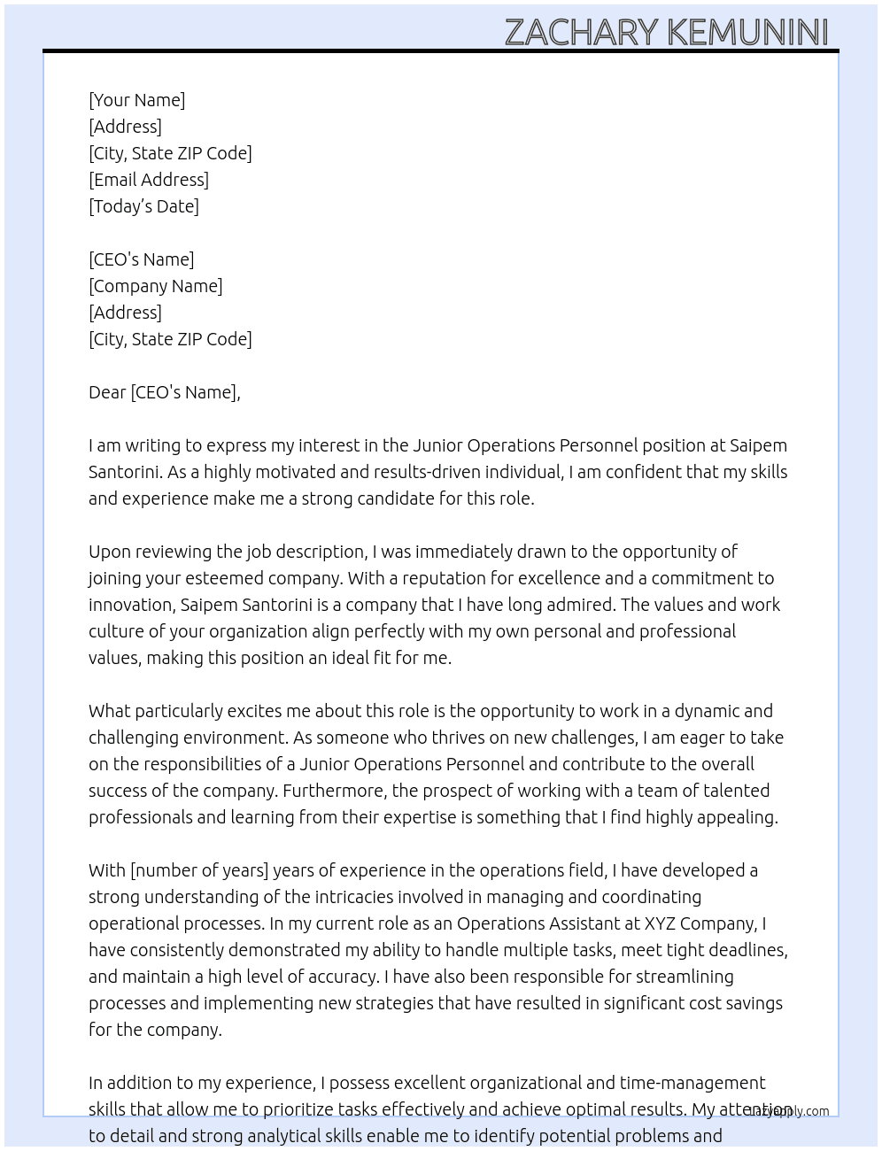 Junior operations personnel  At Saipem Santorini  Cover Letter
