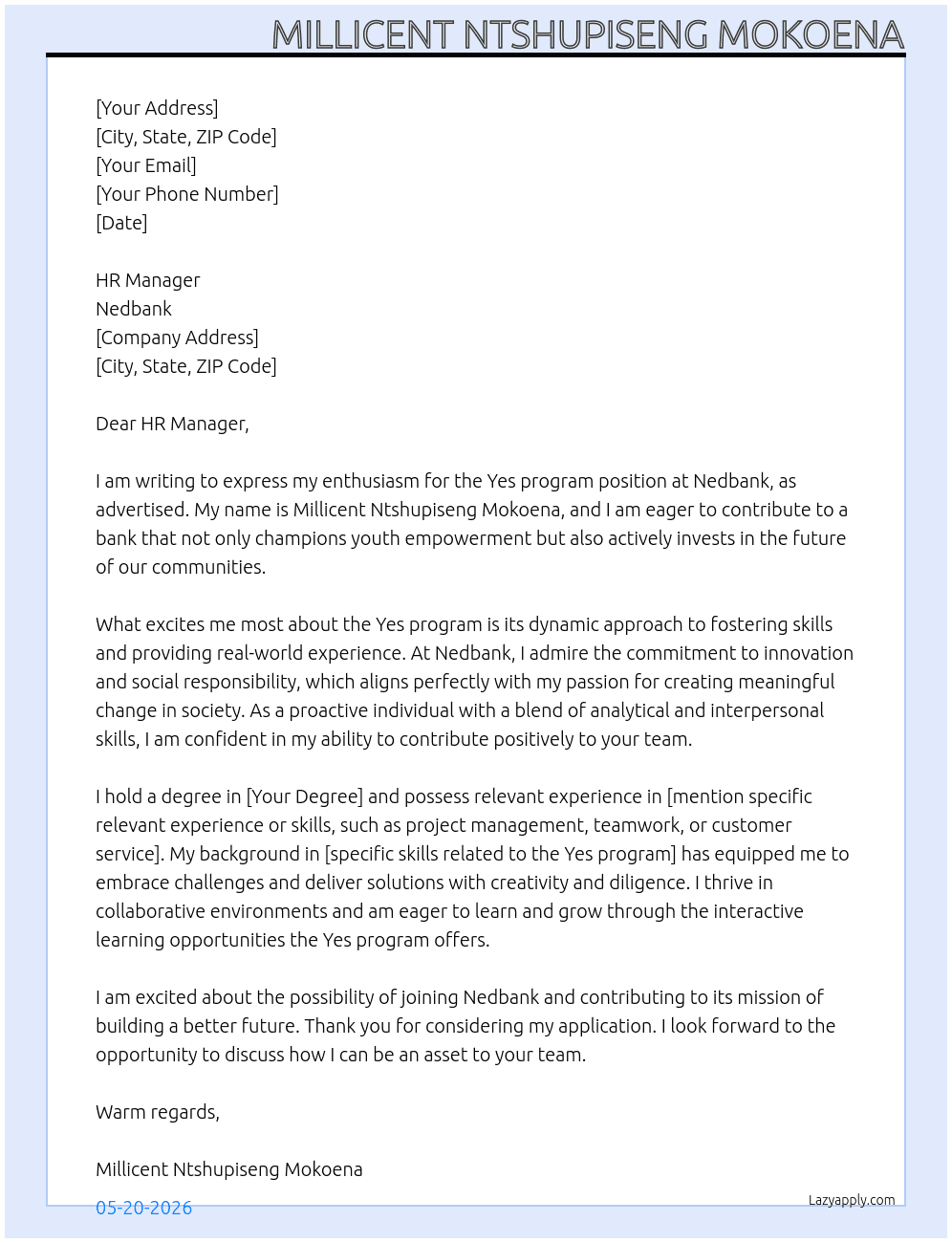 Yes program  At Nedbank  Cover Letter