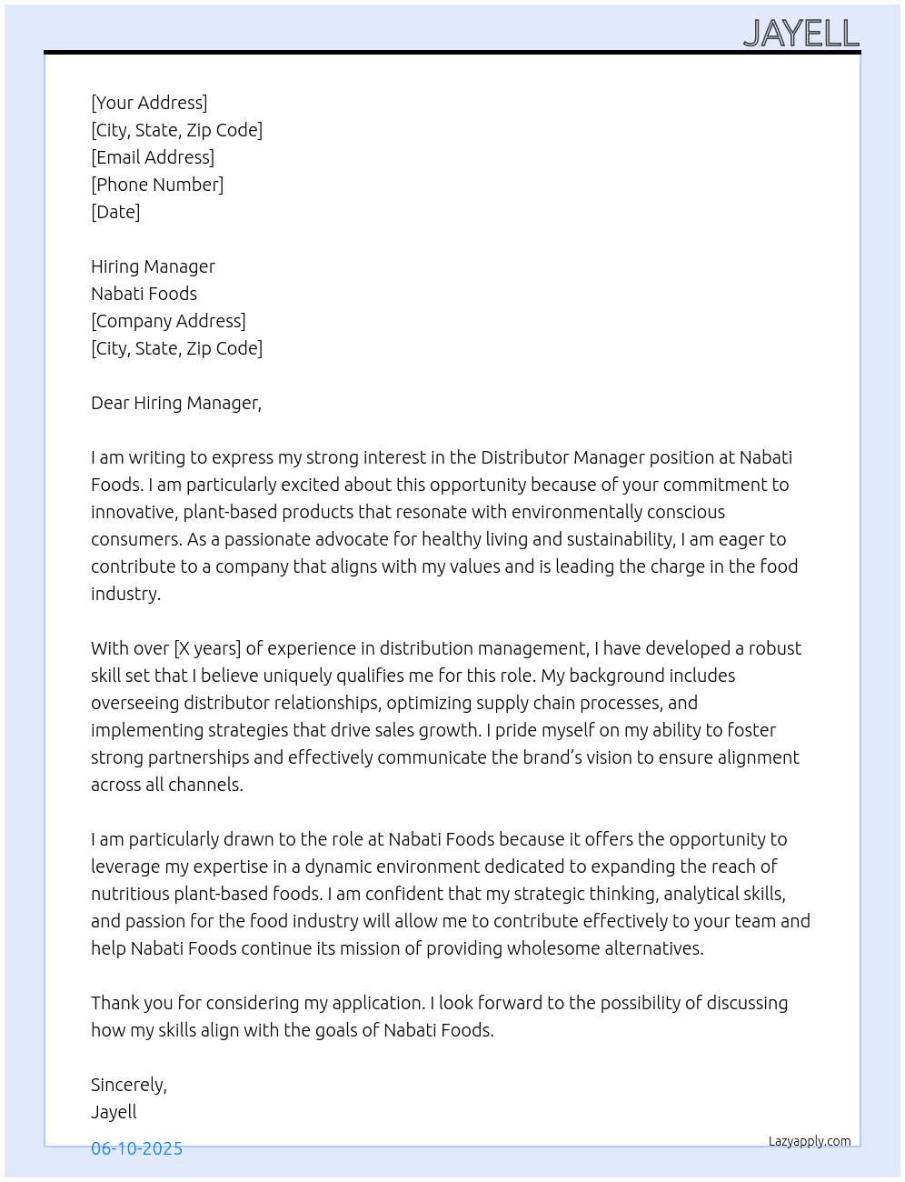 Distributor Manager At Nabati Foods Cover Letter