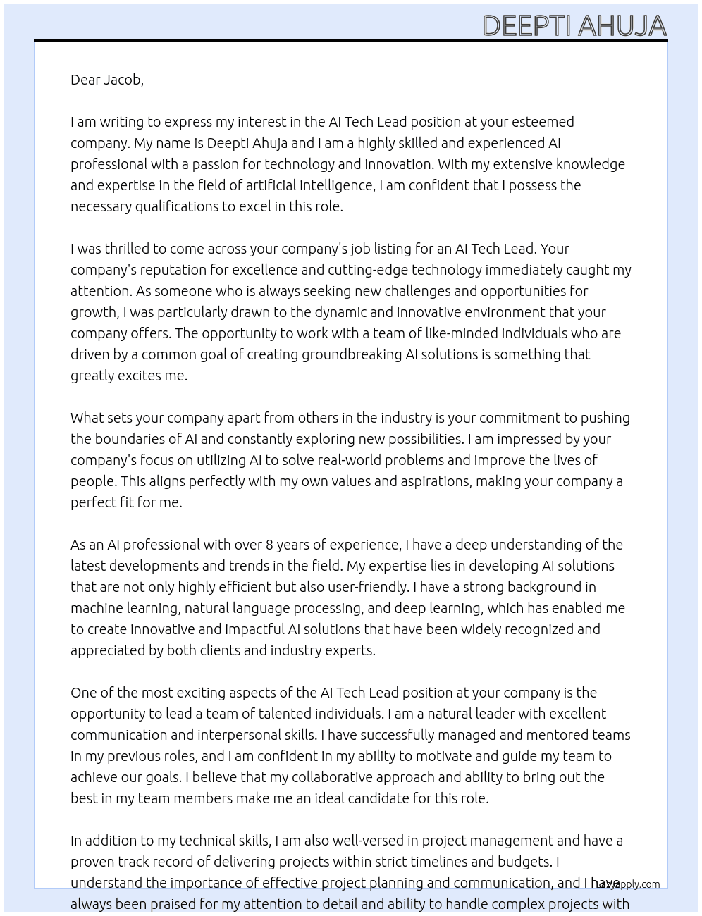 Cover letter for ai tech lead - LazyApply