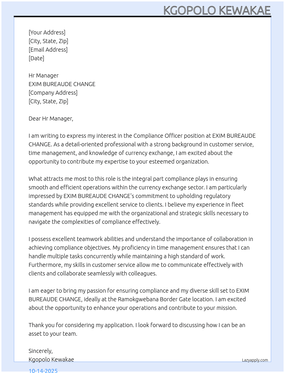Compliance Officer At EXIM BUREAUDE CHANGE Cover Letter