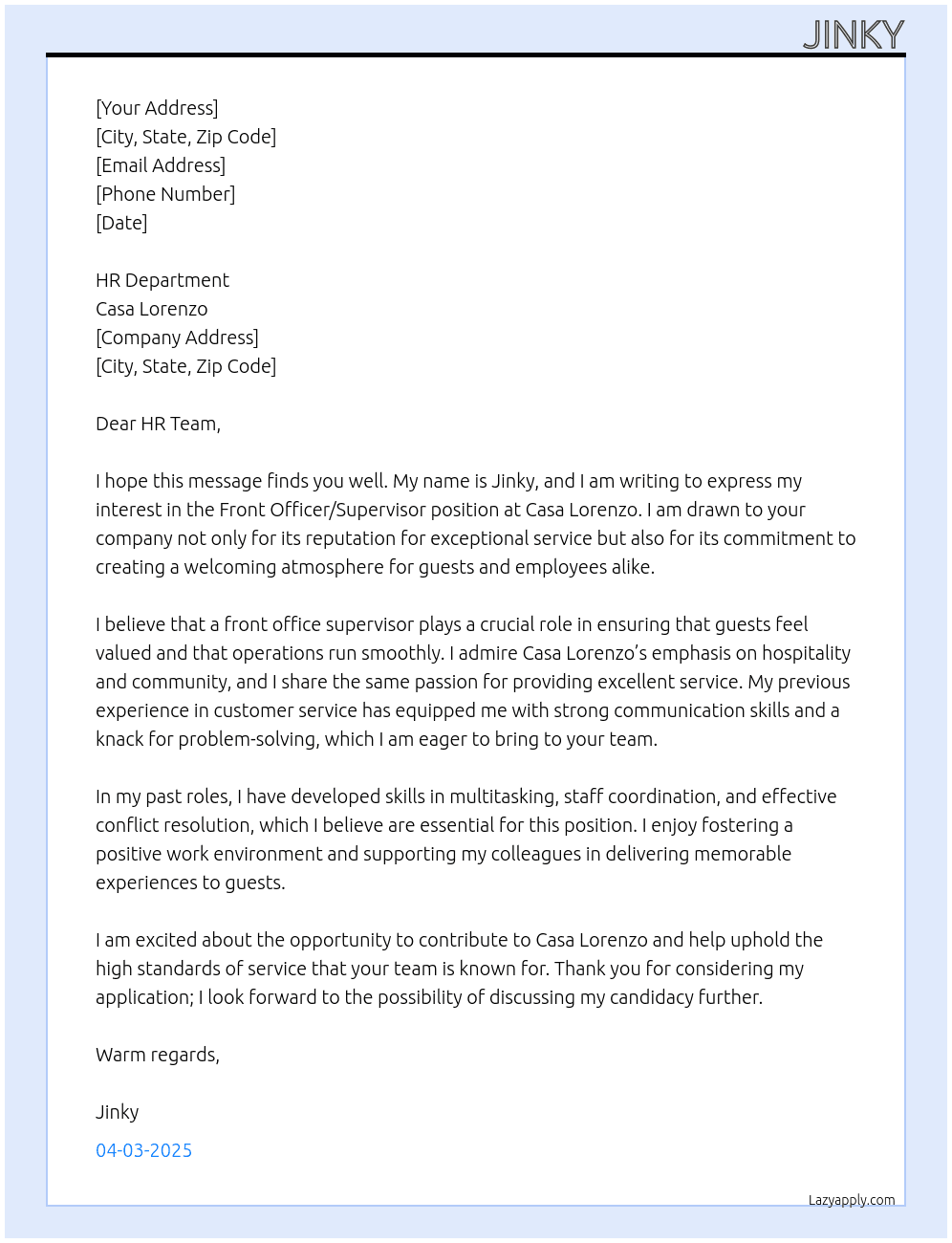 front officer/supervisor At casa lorenzo Cover Letter