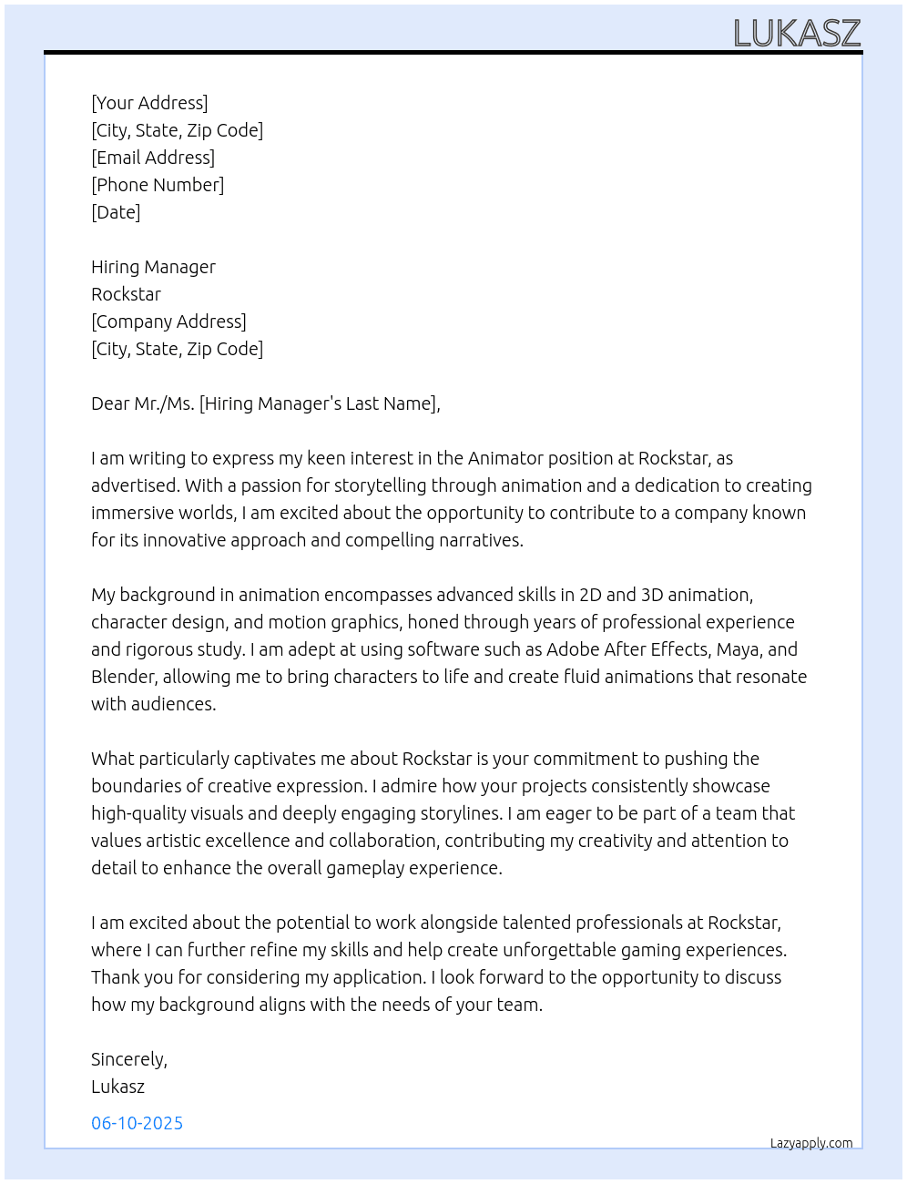 Cover letter for animator - LazyApply