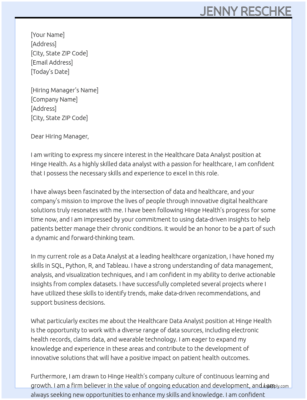 Healthcare Data Analyst At Hinge Health Cover Letter