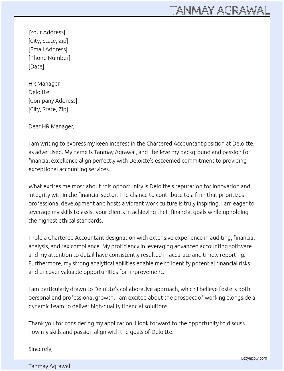 CHARTERED ACCOUNTANT At DELOITTE Cover Letter