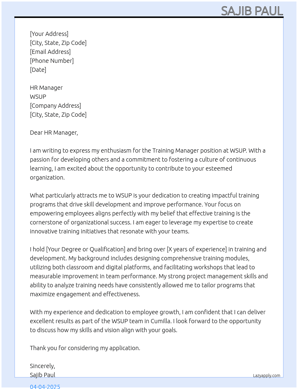 Training Manager At WSUP Cover Letter