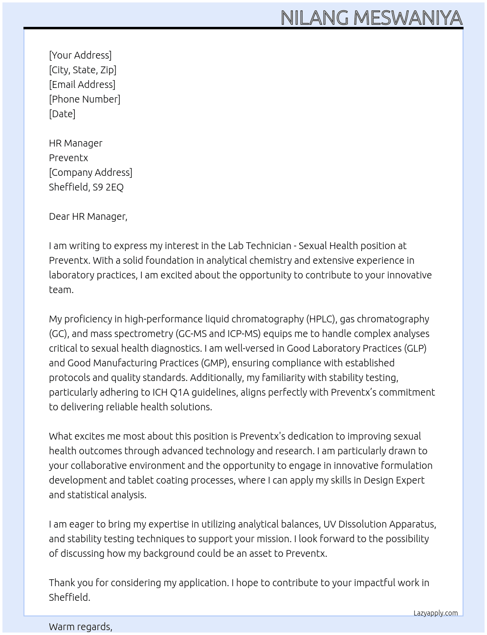 Cover letter for lab technician- sexual health - LazyApply