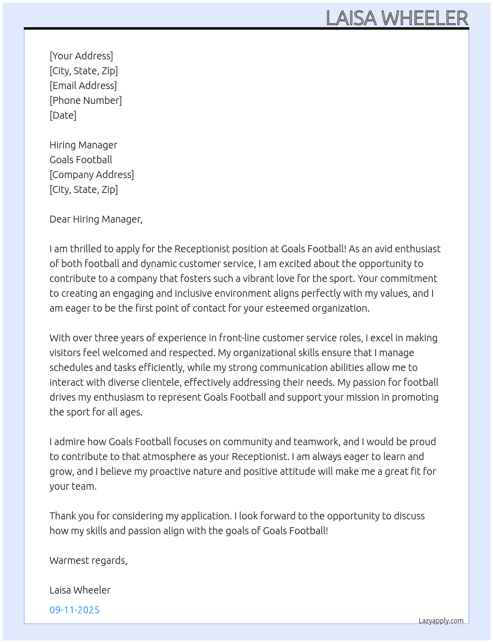 Receptionist At Goals Football Cover Letter