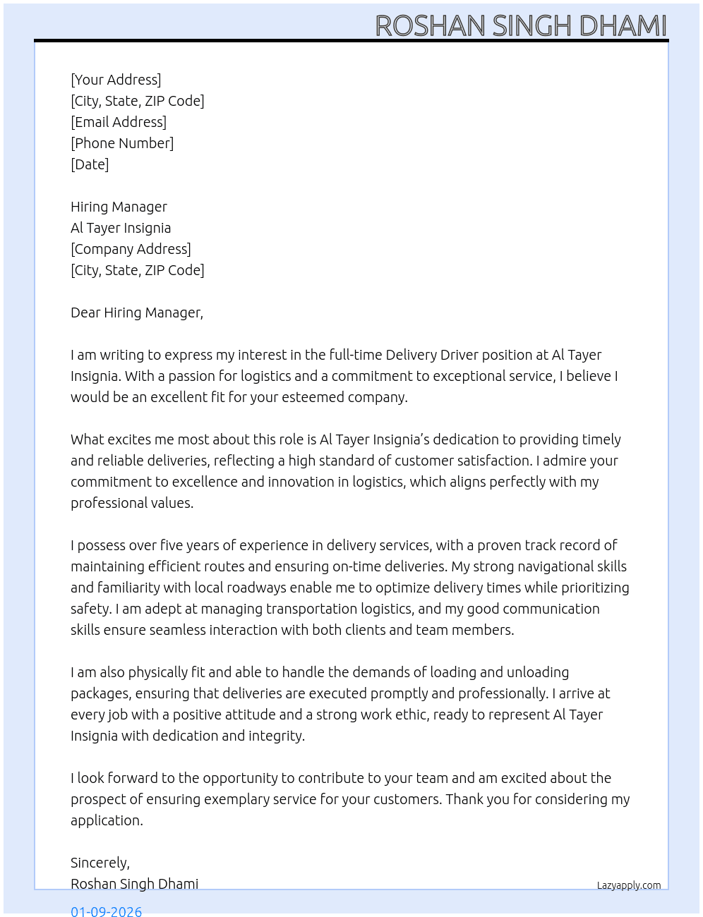 Delivery driver At Al Tayer Insignia Cover Letter