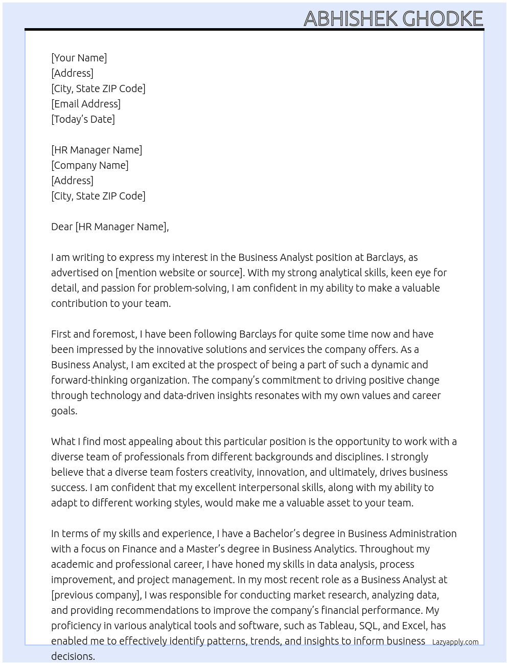 Business Analyst At Barclays Cover Letter