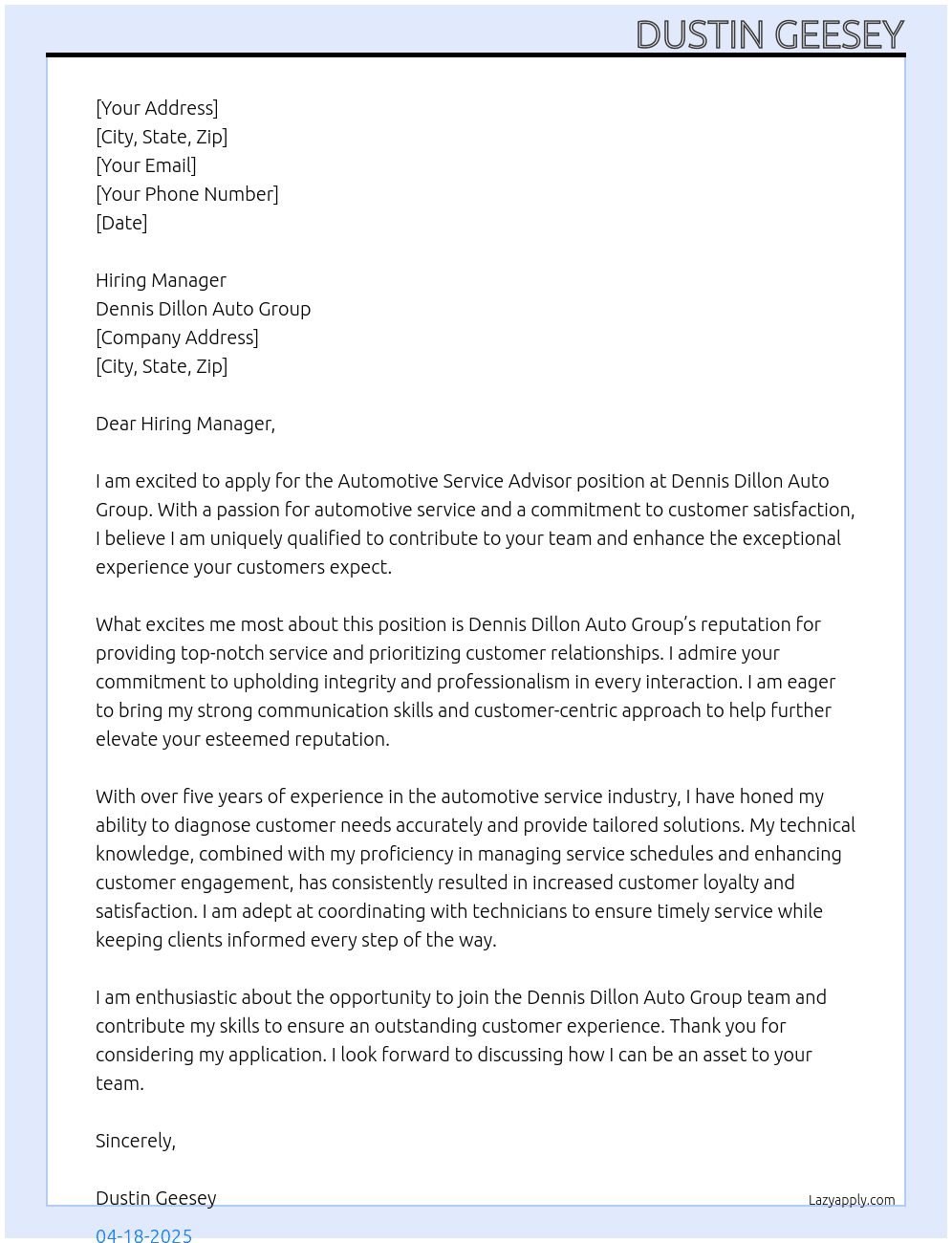 Automotive Service Advisor At Dennis Dillon Auto Group Cover Letter