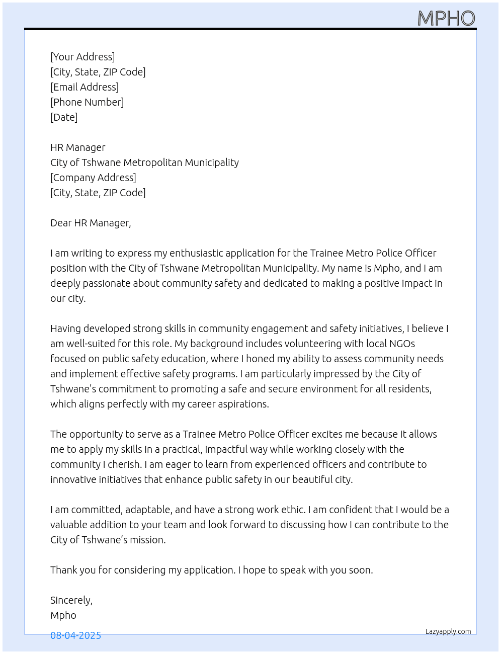 Trainee metro police officer  At City Of Tshwane Metropolitan Municipality  Cover Letter