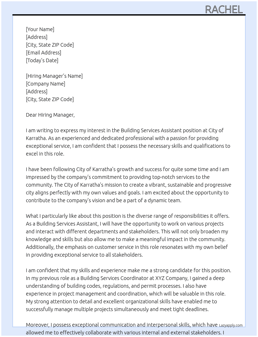 Building Services Assistant At City of Karratha  Cover Letter