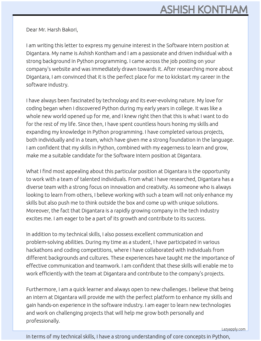 Software intern  At Digantara  Cover Letter