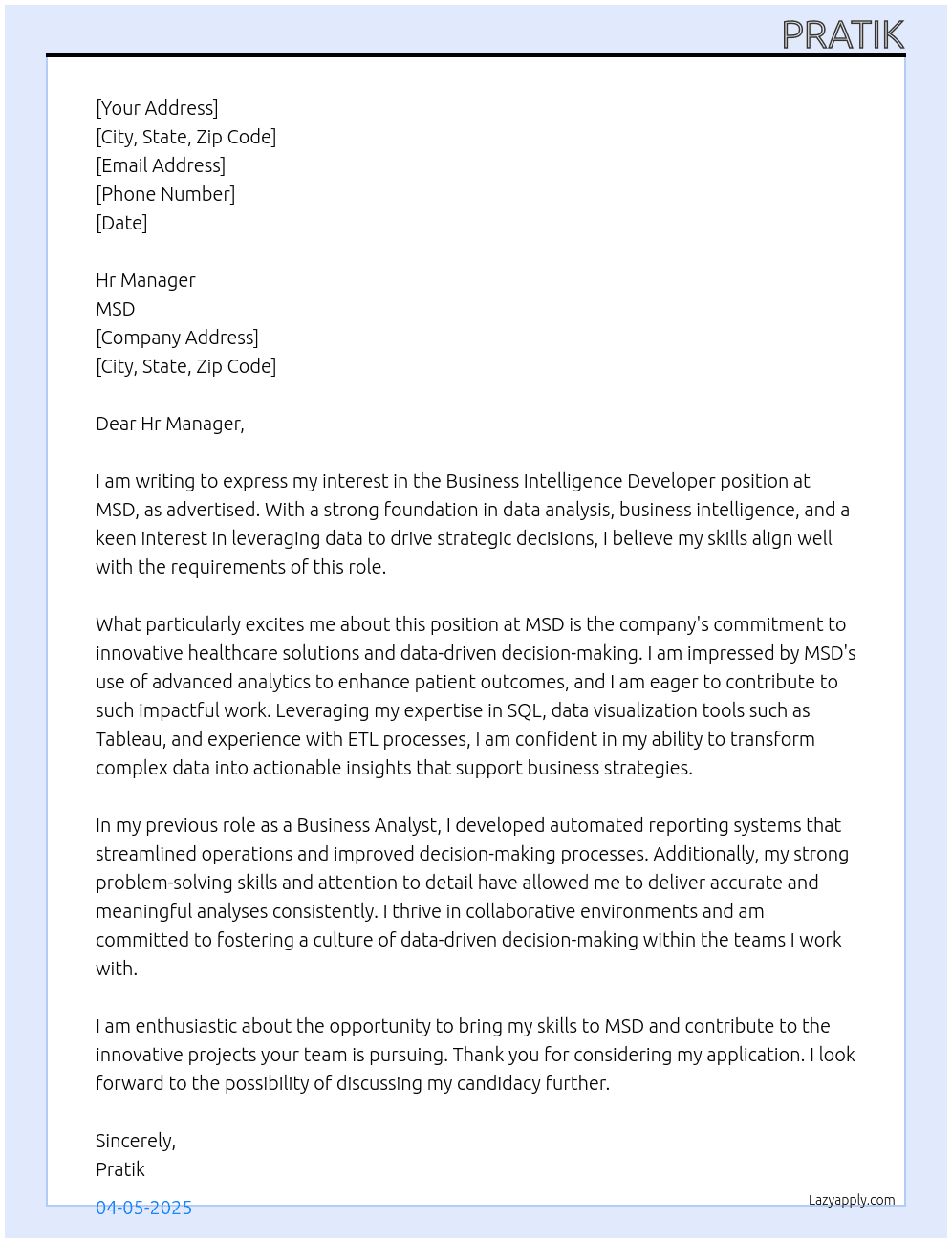 Cover letter for business intelligence developer - LazyApply