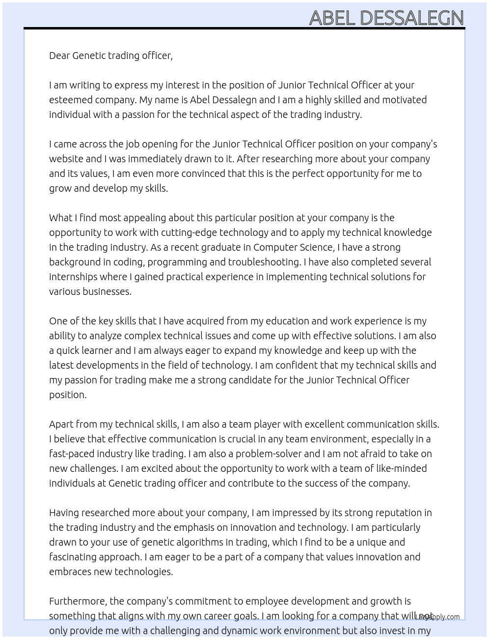Junior technical officer  At Genetic trading officer Cover Letter