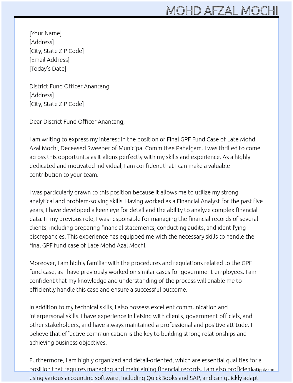 Final GPF Fund Case of Late Mohd Azal Mochi, Deceased Sweeper of                 Municipal Committee PahalgamFina At District fund officer Anantang Cover Letter