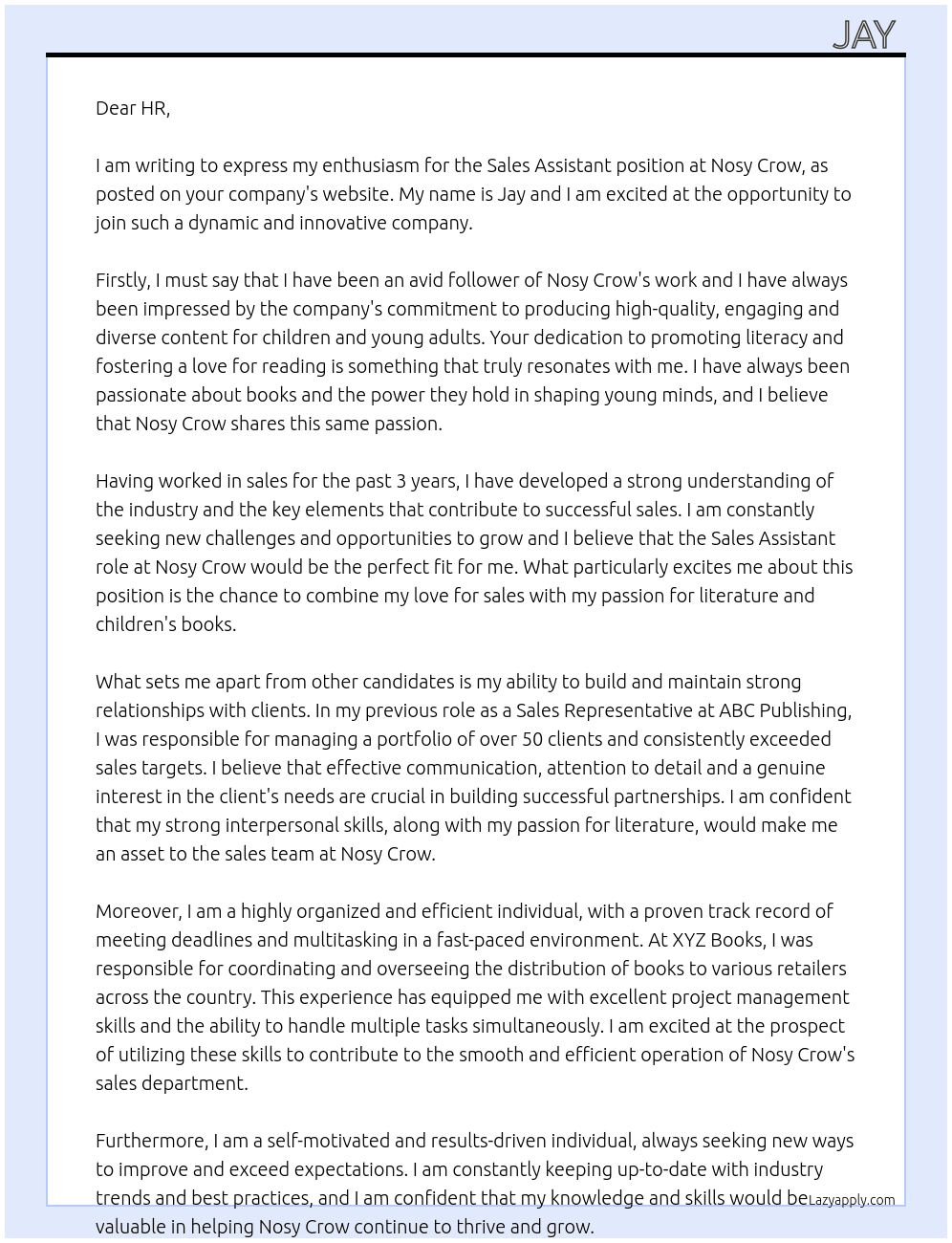 Sales assistant At Nosy Crow Cover Letter