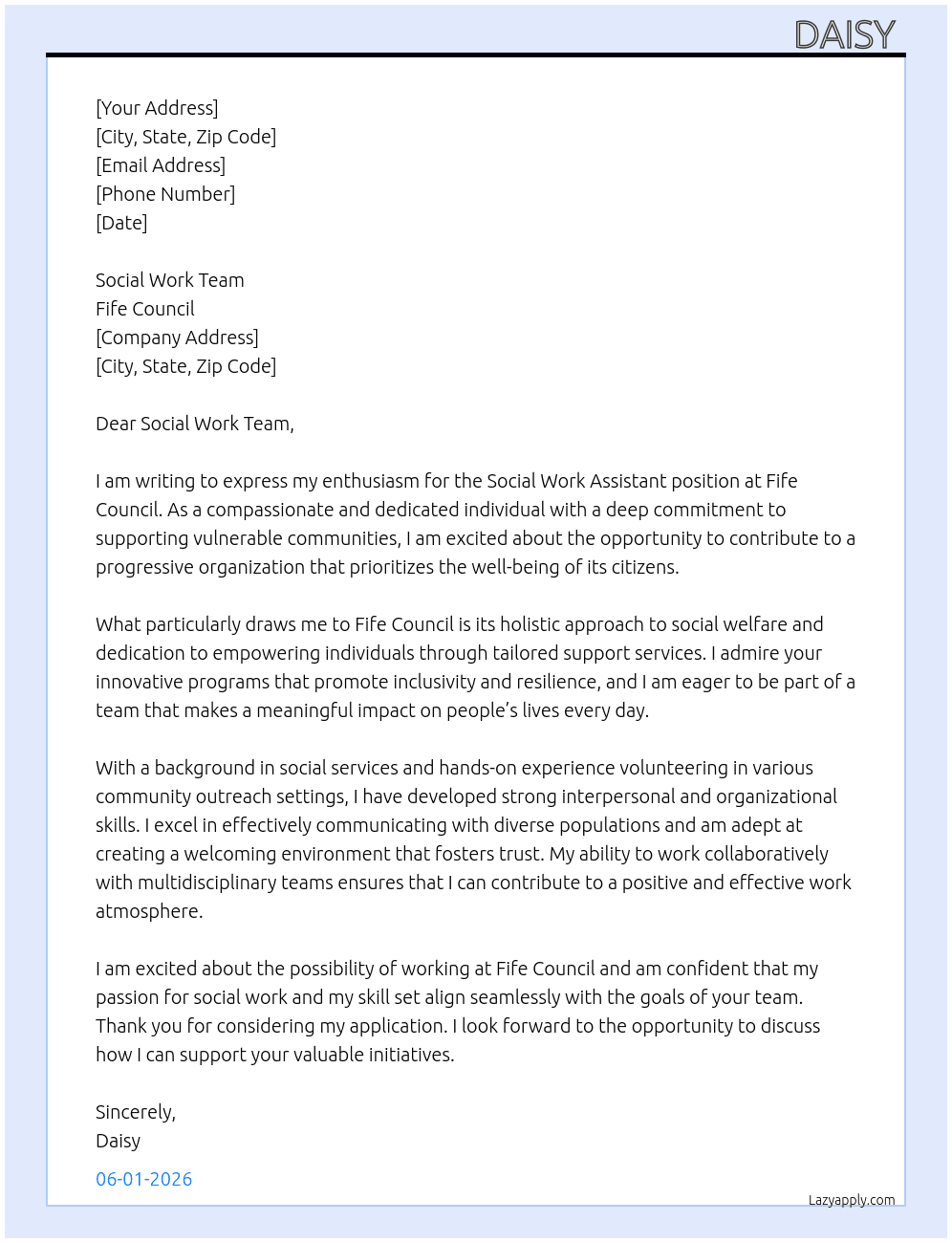 Social work assistant  At Fife council  Cover Letter