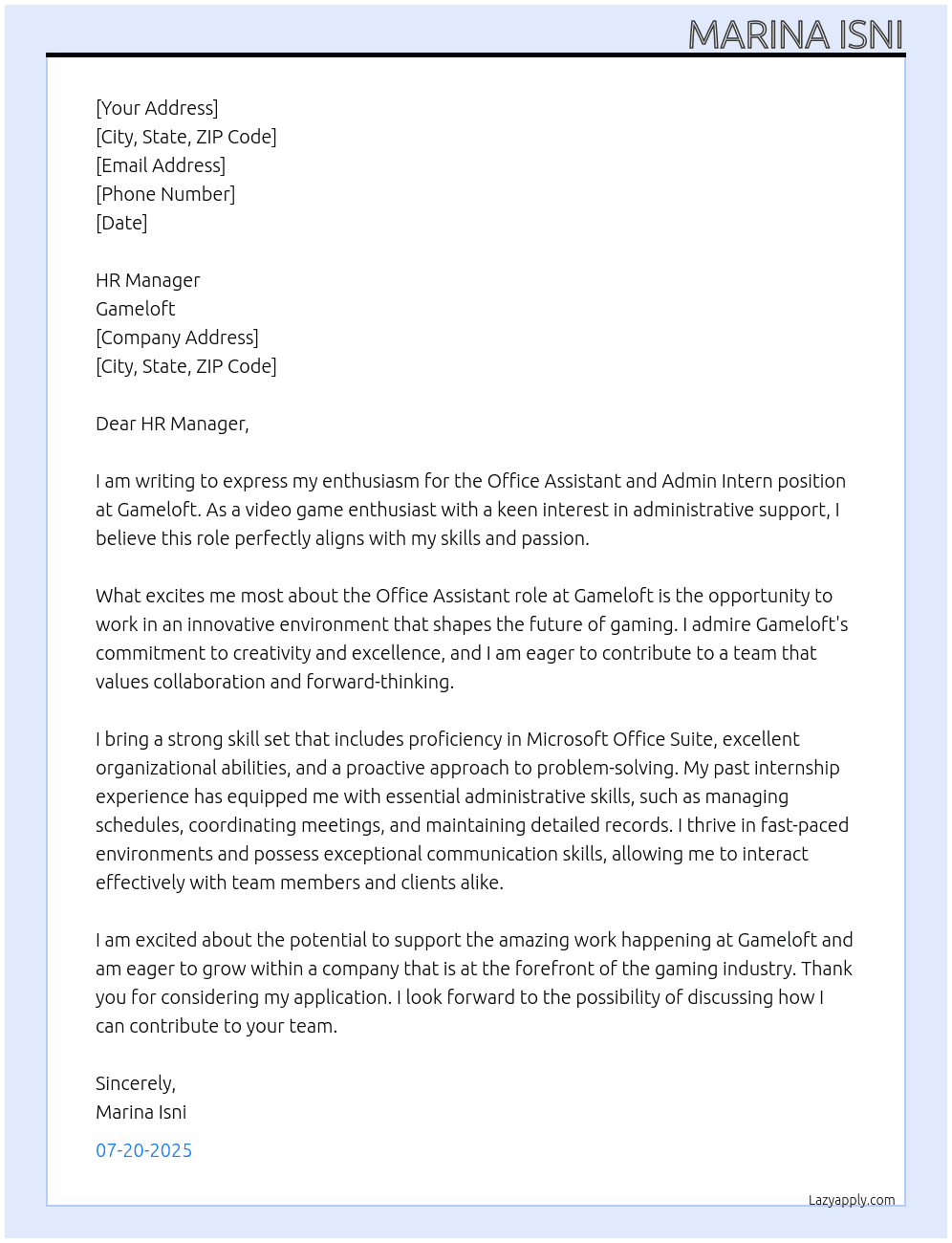 Cover letter for office assistant and admin intern - LazyApply