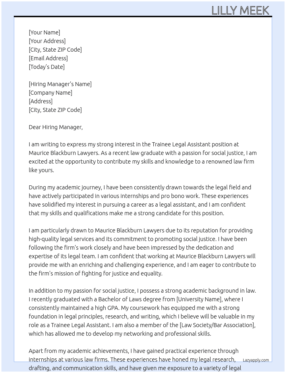 Trainee Legal Assistant  At Maurice Blackburn Lawyers Cover Letter