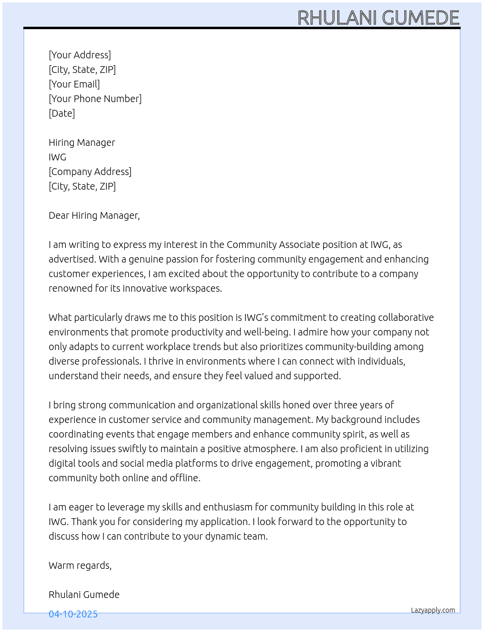 Community Associate At IWG Cover Letter