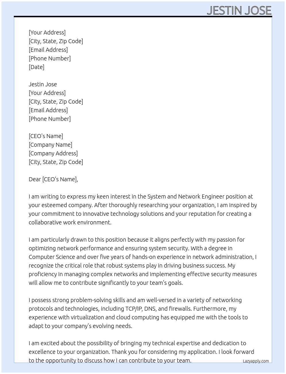 Cover letter for system and network engineer - LazyApply