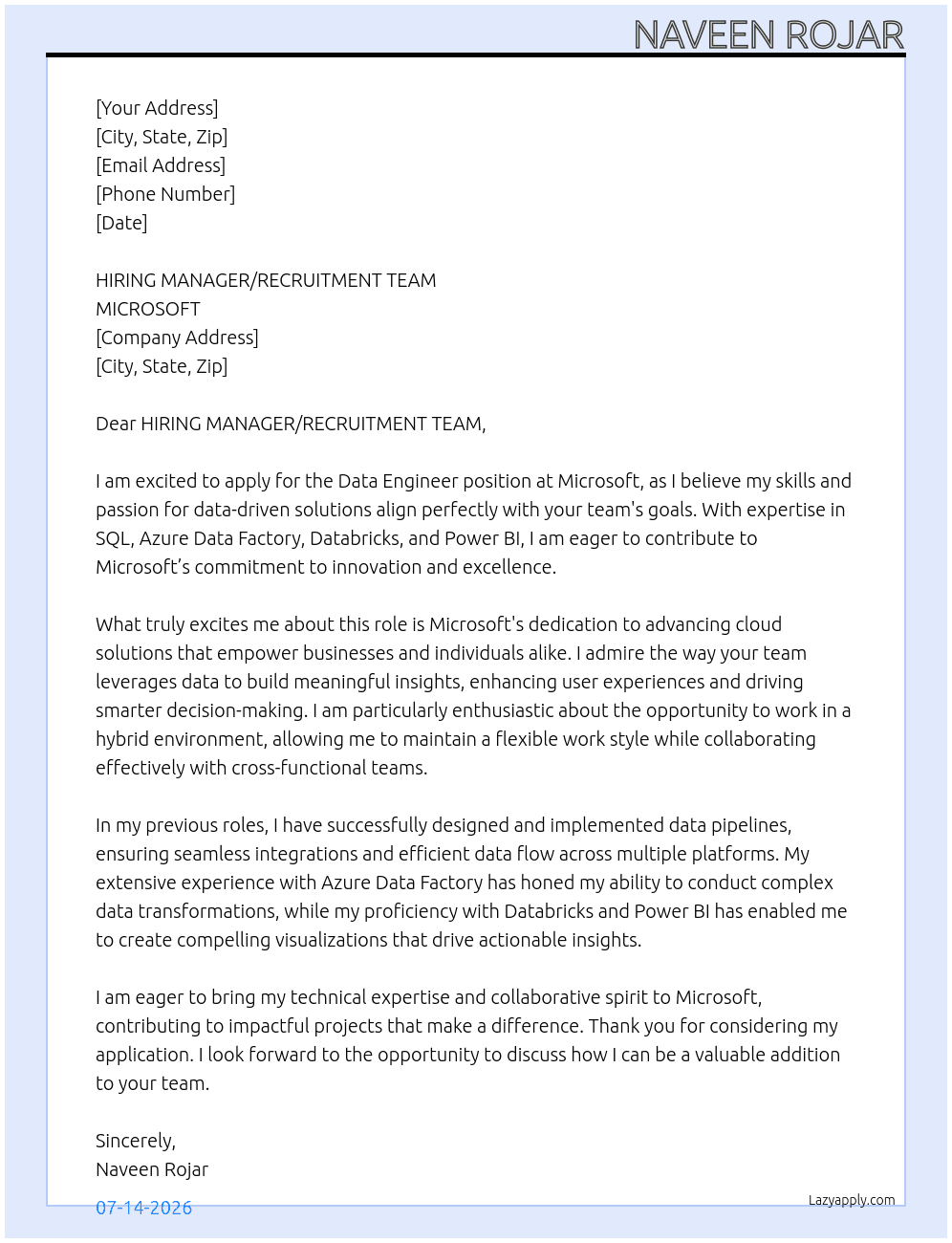 DATA ENGINEER At MICROSOFT Cover Letter