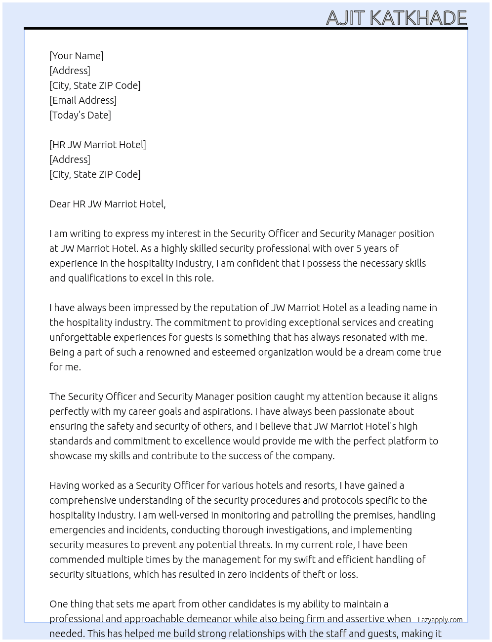 Security Officer, Security Manager At  JW Marriot Hotel Cover Letter