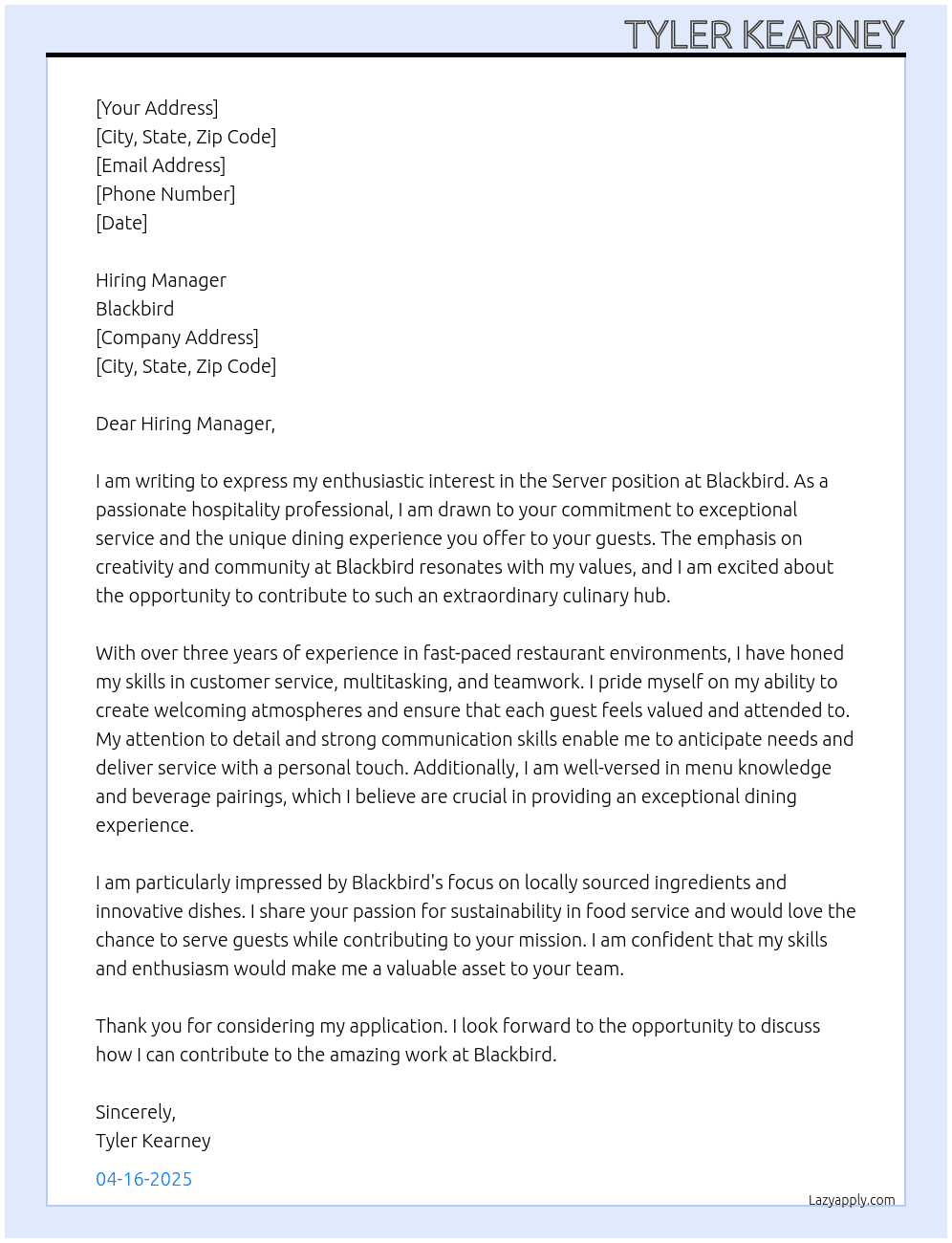 Server At Blackbird Cover Letter