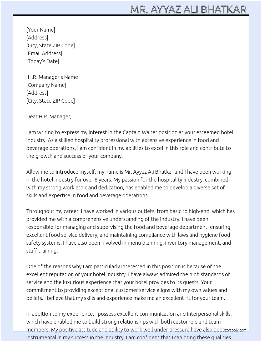 Captain waiter At Hotel industry  Cover Letter