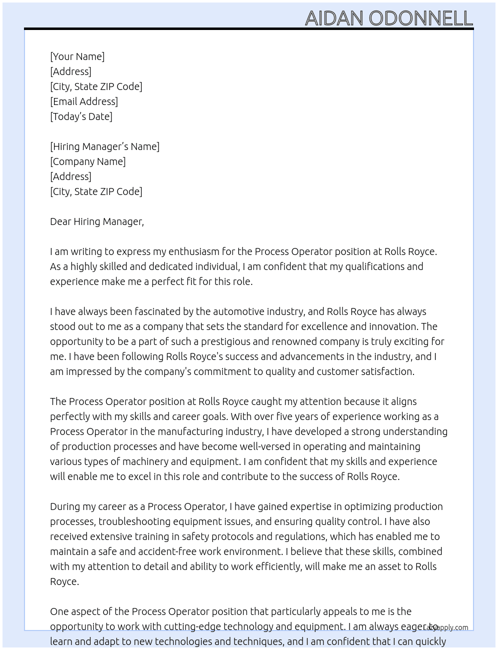 Process operator At Rolls Royce  Cover Letter